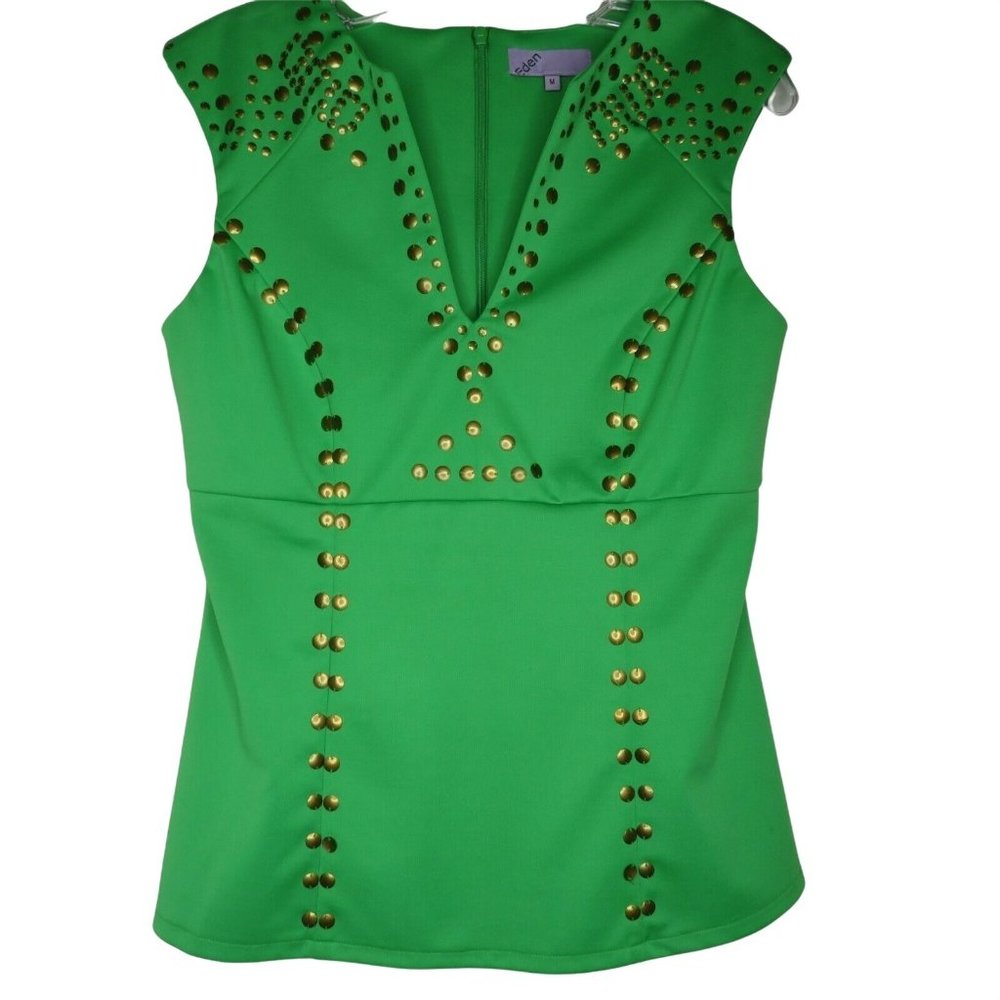 Eden Green Top Womens M Gold Embellishments Stretch Knit Polyester